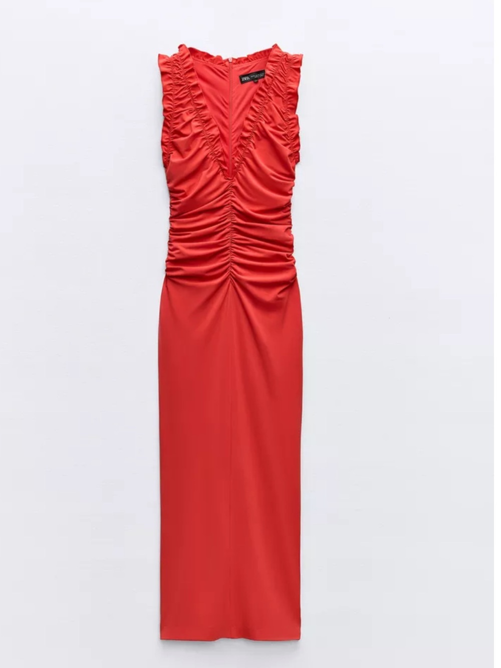 Zara Ruched V-Neck Sleeveless Maxi Dress - Red
